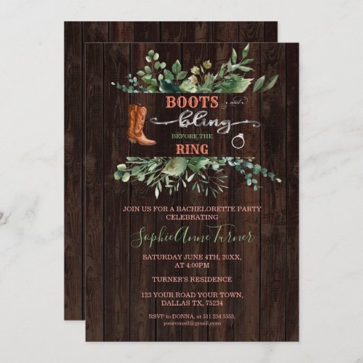 グリーンリーウエスタンブーツ&きらきら光るバチェロレッテ 招待状 (正面/裏面)