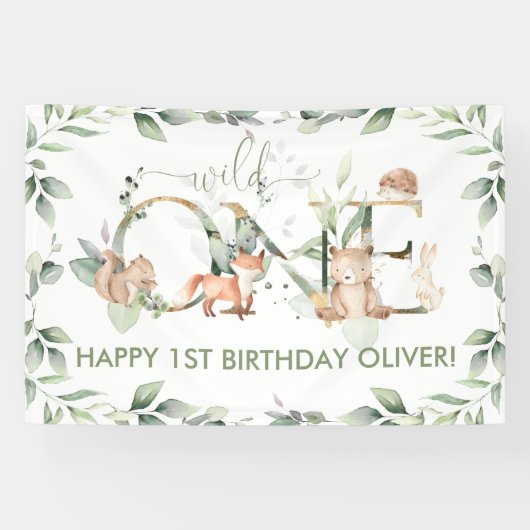 グリーンリーウッドランド動物ワイルドワン誕生日ウェルカム 横断幕 (横)
