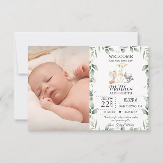 グリーンリーウッドランド動物新生児ボーイフォト誕生 案内状 (正面)