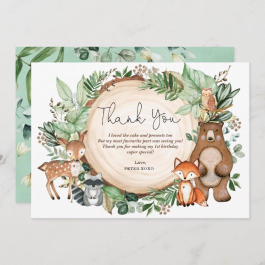 グリーンリーウッドランド動物誕生日ありがとう サンキューカード (正面/裏面)