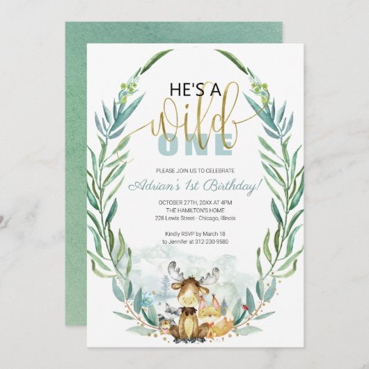 グリーンリーウッドランド彼はワイルドワン初誕生日 招待状 (正面/裏面)