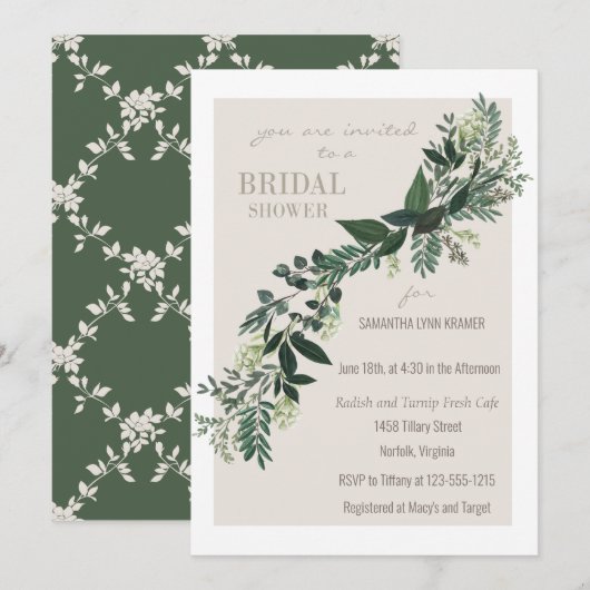 グリーンリーエレガントガーランドシダブライダルシャワー 招待状 (正面/裏面)