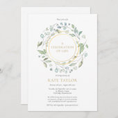 グリーンリーエレガントガーランド金ゴールドお祝い・オブ・ライフ 招待状 (正面/裏面)