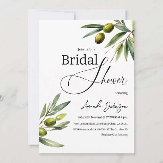 グリーンリーエレガントセージグリーンオリーブブライダルシャワー 招待状 (正面)