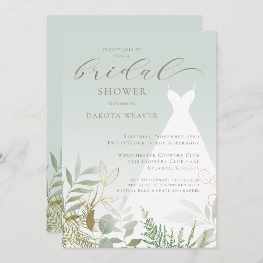 グリーンリーエレガントセージグリーンブライダルシャワー 招待状 (正面/裏面)