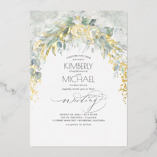 グリーンリーエレガントソフトボ結婚ホ金ゴールド 箔招待状 (正面)