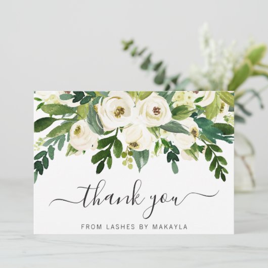 グリーンリーエレガントビジネスホワイトフローラ サンキューカード (スタンド正面)