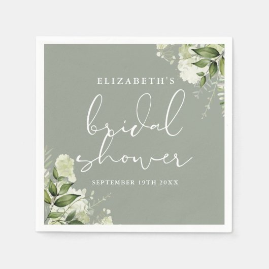 グリーンリーエレガントフローラセージグリーンブライダルシャワー スタンダードカクテルナプキン (正面)