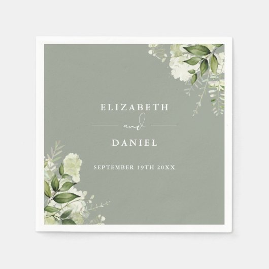 グリーンリーエレガントフローラセージ結婚グリーン スタンダードカクテルナプキン (正面)