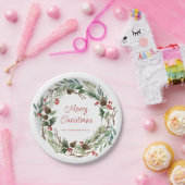 グリーンリーエレガントホリーベリーリース | スクリプト ペーパープレート (パーティー)