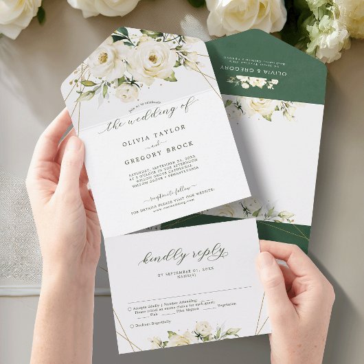 グリーンリーエレガントホワイトロセク結婚クフローラ オールインワン招待状