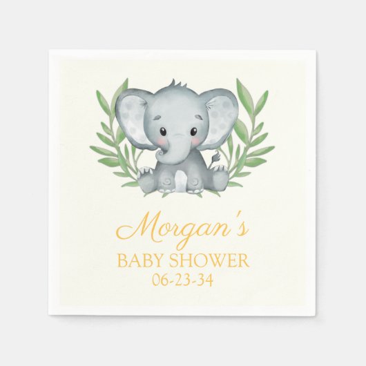 グリーンリーエレファントイエローニュートラルベビーシャワー スタンダードカクテルナプキン (正面)