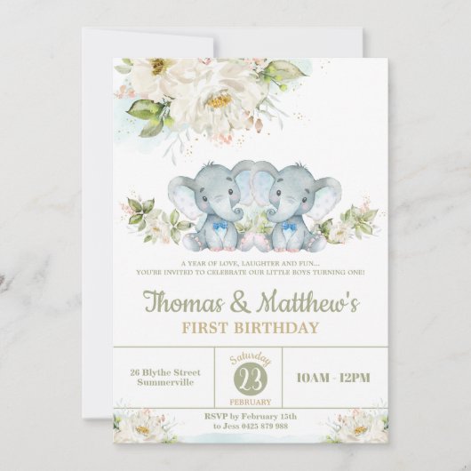 グリーンリーエレファントツインボーイズ1st誕生日パーティー 招待状 (正面)