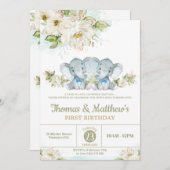 グリーンリーエレファントツインボーイズ1st誕生日パーティー 招待状 (正面/裏面)