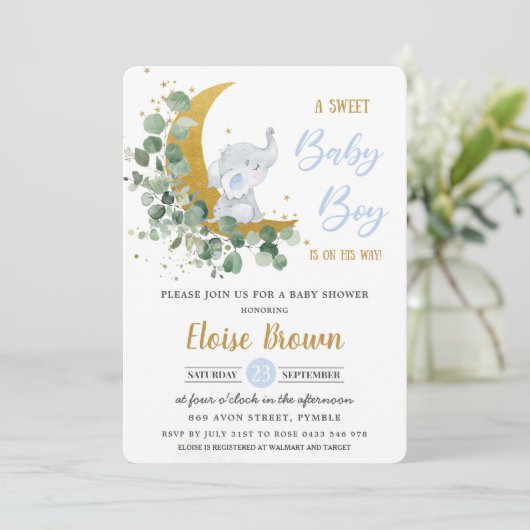 グリーンリーエレファントムーンスウィート男の赤ちゃんシャワー 招待状 (スタンド正面)