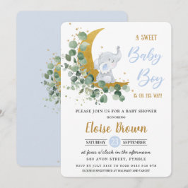 グリーンリーエレファントムーンスウィート男の赤ちゃんシャワー 招待状