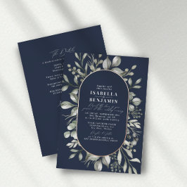 グリーンリーオーバルネイビーRSVP QRコード結婚のバラ金ゴールド 箔招待状