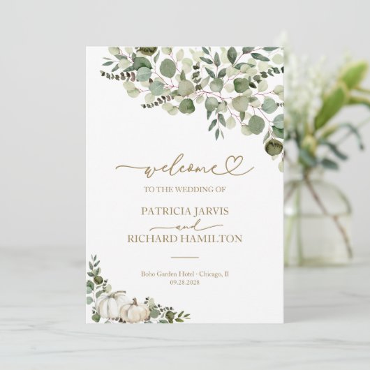 グリーンリーカボチャ秋の結婚式式プログラム 招待状 (スタンド正面)