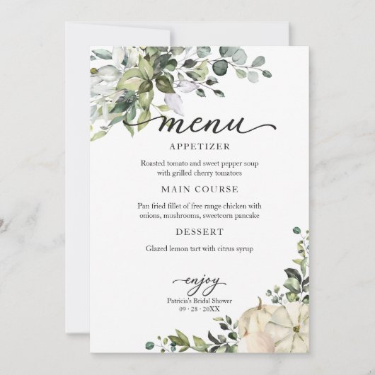 グリーンリーカボチャ秋ブライダルシャワープレート用メニュー 招待状 (正面)
