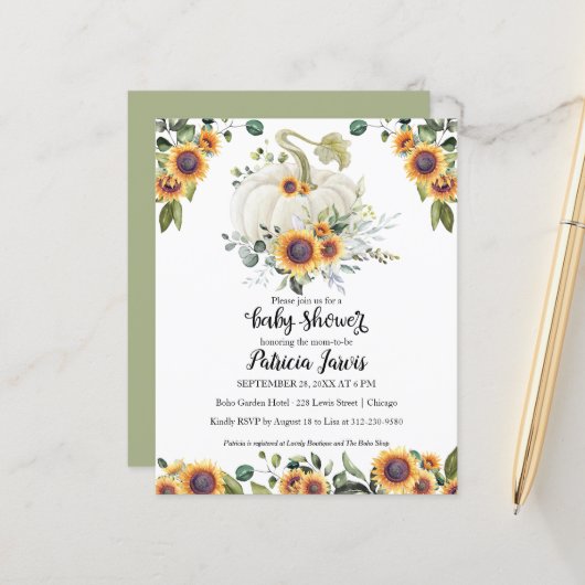 グリーンリーカボンプキンバジェットベビーシャワー招待状 (正面/裏面インサイチュ)