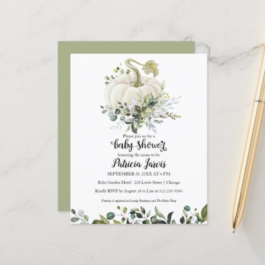 グリーンリーカボンプキンバジェットベビーシャワー招待状 (正面/裏面インサイチュ)