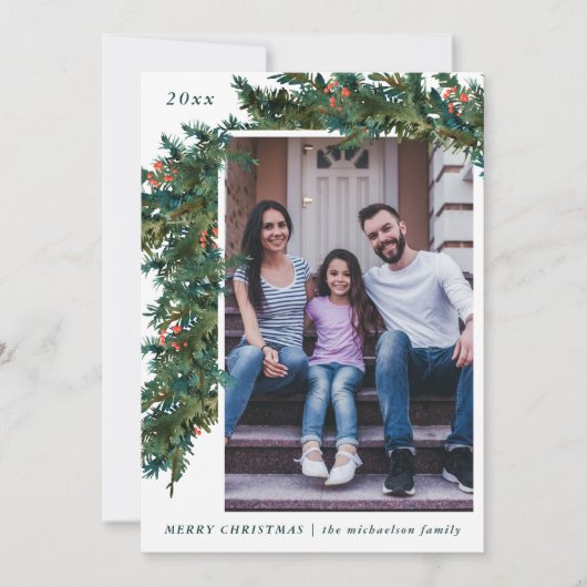 グリーンリーガーランドとダークティール(緑がかった色)フォトホリデー シーズンカード (正面)