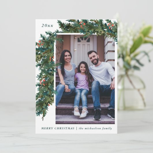 グリーンリーガーランドとダークティール(緑がかった色)フォトホリデー シーズンカード (スタンド正面)