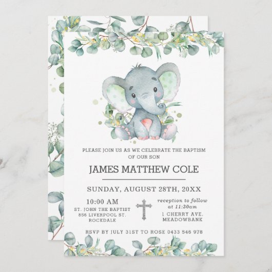 グリーンリーキュートエレファントバプテスマ《キリスト教》洗礼式や命名式 招待状 (正面/裏面)