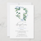 グリーンリークロスブルーボタニカル男の赤ちゃんバプテスマ 招待状 (正面)