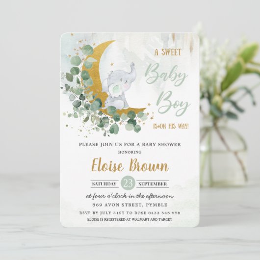 グリーンリーグリーンエレファントスウィート男の赤ちゃんシャワー 招待状 (スタンド正面)