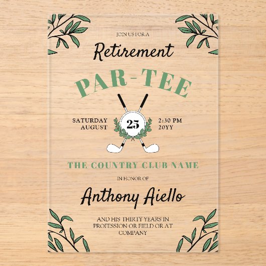 グリーンリーゴルフをテーマにした定年パーティー アクリル招待状 (正面)