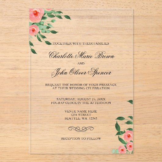 グリーンリーシンプルピーチフラワーズ結婚式招待状 アクリル招待状 (正面)