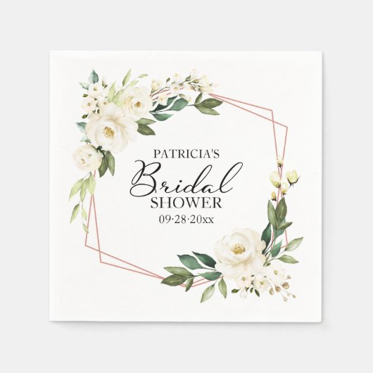 グリーンリージオメトリックホワイトフローラブライダルシャワー スタンダードカクテルナプキン (正面)