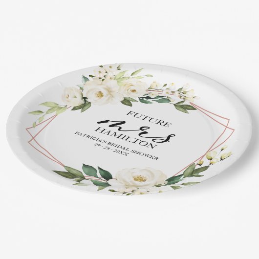 グリーンリージオメトリックホワイトフローラブライダルシャワー ペーパープレート (アングル)