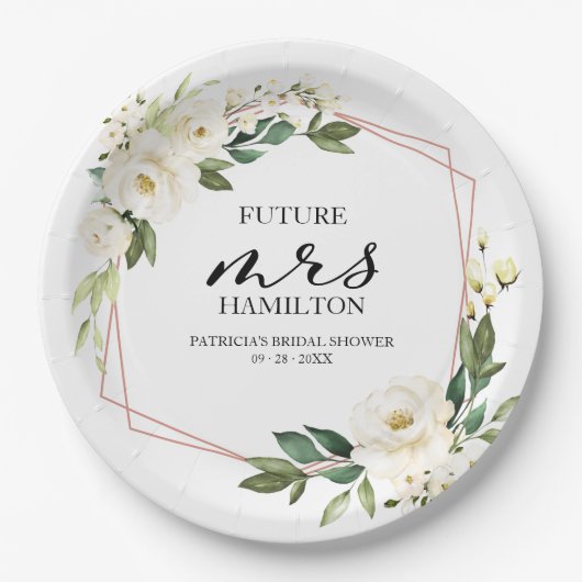 グリーンリージオメトリックホワイトフローラブライダルシャワー ペーパープレート (正面)