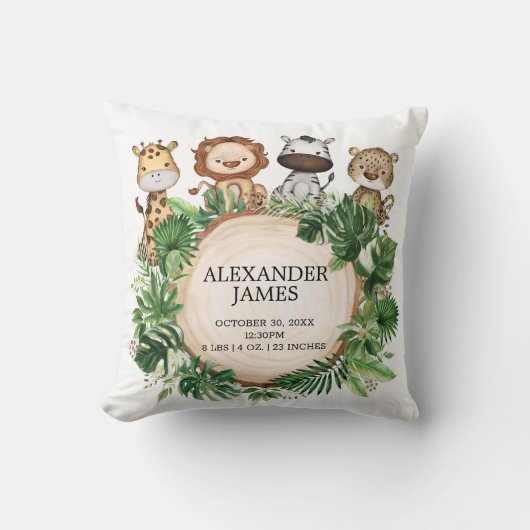 グリーンリージャングルサファリアニマル誕生統計子供部屋 クッション (正面)