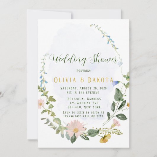 グリーンリージュダスティブルーワイルドフラワーズウェディングシャワー 招待状 (正面)