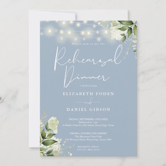グリーンリースのストリングライト ダスティーブルーのリハーサルディナー 招待状 (正面)