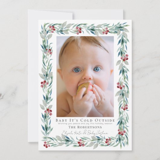 グリーンリースの赤ちゃん 外は寒いよ フォト シーズンカード (正面)