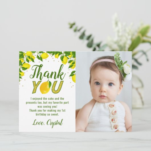 グリーンリースウィートレモン金ゴールドグリッター誕生日写真 サンキューカード (スタンド正面)
