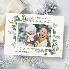 グリーンリースカスタム文字フォトクリスマス シーズンカード