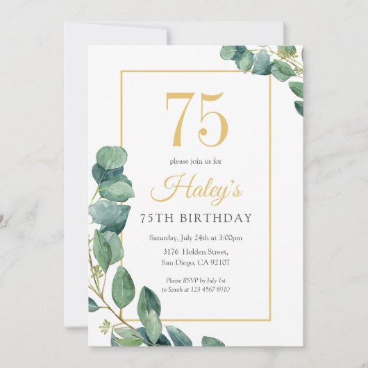 グリーンリースシック金ゴールド&セージ75th誕生日 招待状 (正面)