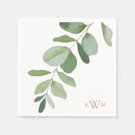 グリーンリーステム金ゴールドモノグラム結婚ズ スタンダードカクテルナプキン (正面)