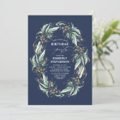グリーンリースネイビーブルーエレガント誕生日 招待状 (スタンド正面)