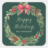 グリーンリースパーソナライズされたクリスマス スクエアシール (正面)