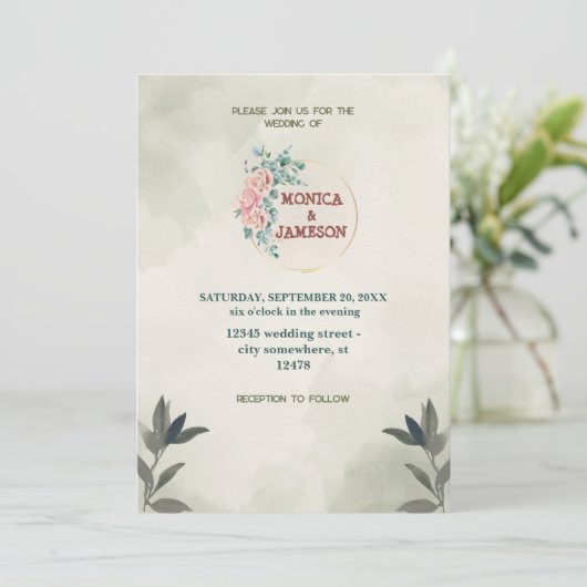 グリーンリースフローラ水彩結婚式招待状 セーブザデート (スタンド正面)