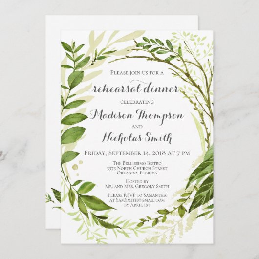 グリーンリースリハーサルディナー招待状素朴、 招待状 (正面/裏面)