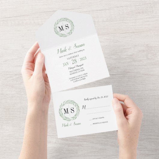 グリーンリース結婚モノグラムの全てを1回の投資で オールインワン招待状 (貼ってはがせる)