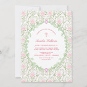 グリーンリース フレーム ピンクのバラ 洗礼 誘導 招待状 (正面)