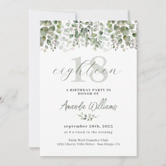 グリーンリーセージグリーン18誕生日招待状 招待状 (正面)